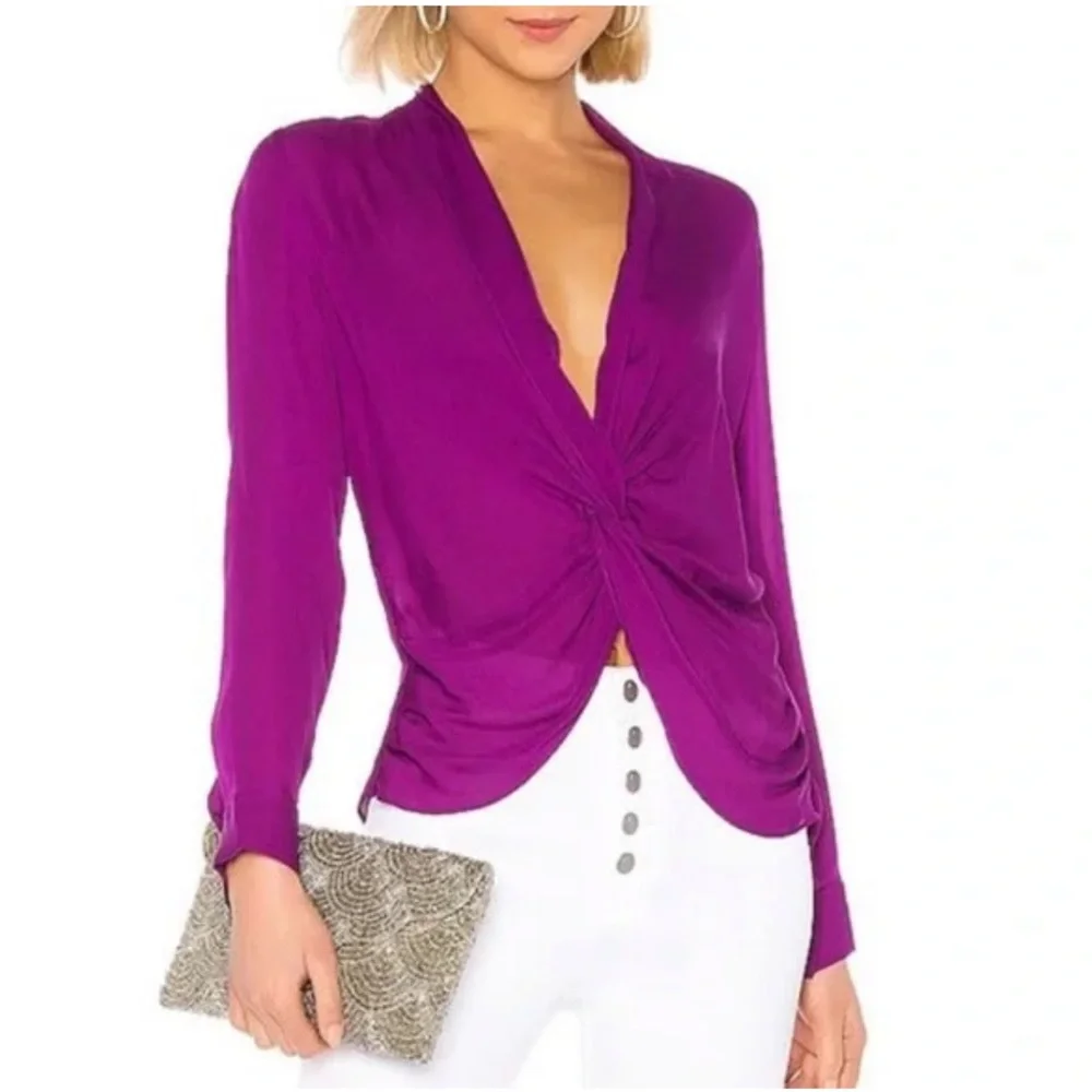 L’AGENCE PURPLE PLUM PLUNGE SILK TWIST FRONT LONG SLEEVE MARIPOSA BLOUSE top - Picture 12 of 12